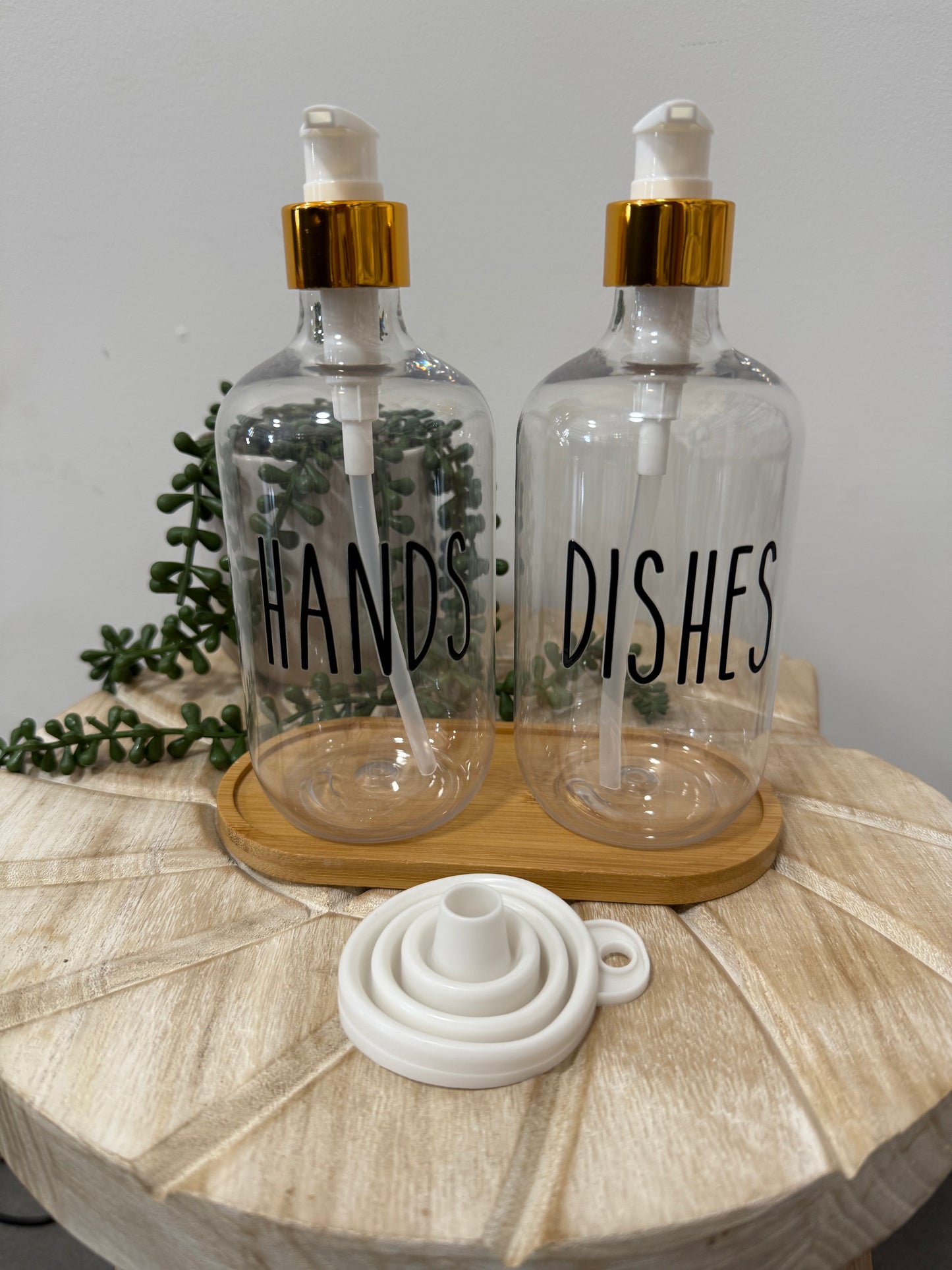 Dispenser Bottles with wooden tray + Funnel