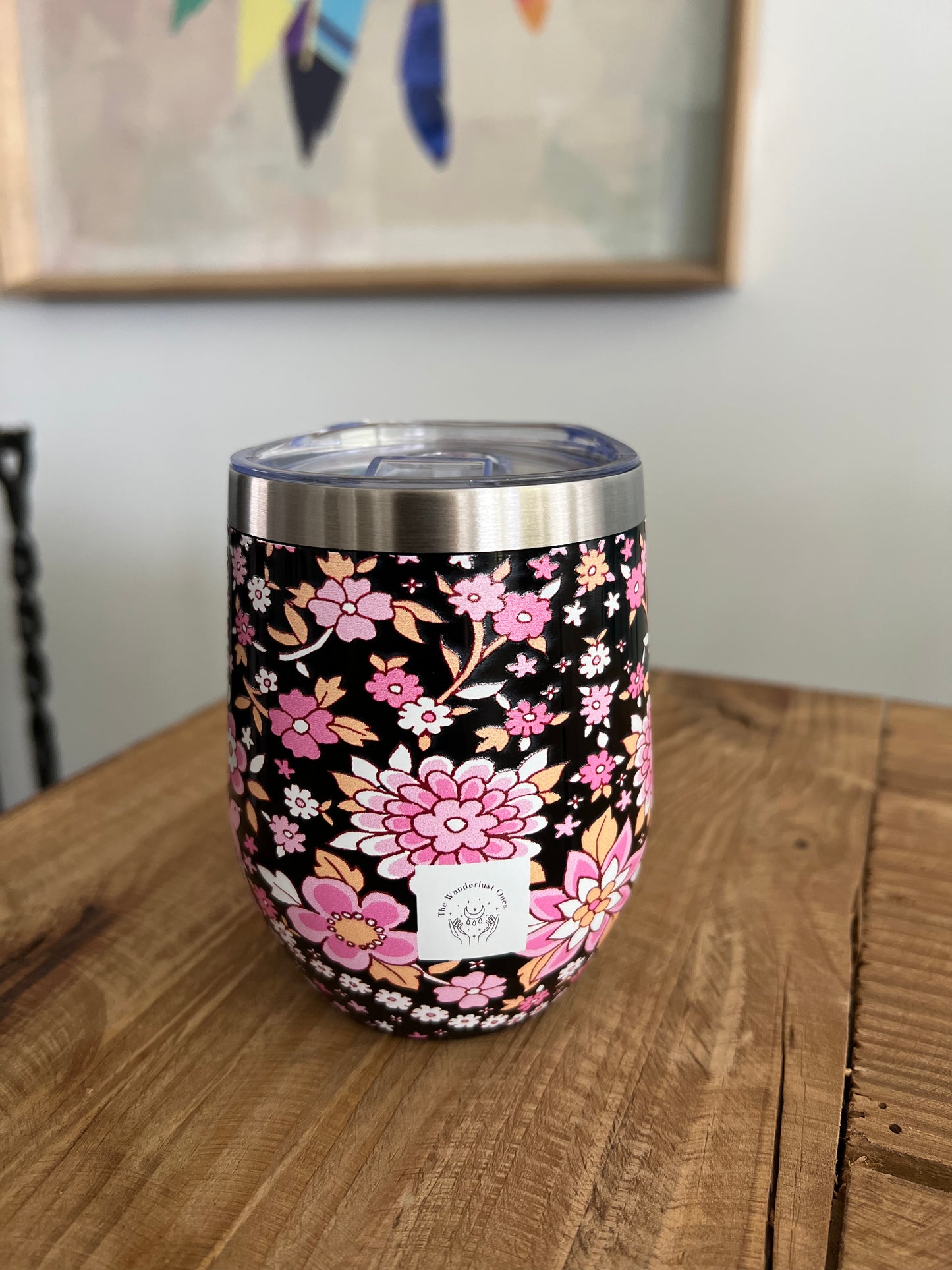 Black + Pink Birdie floral insulated cup