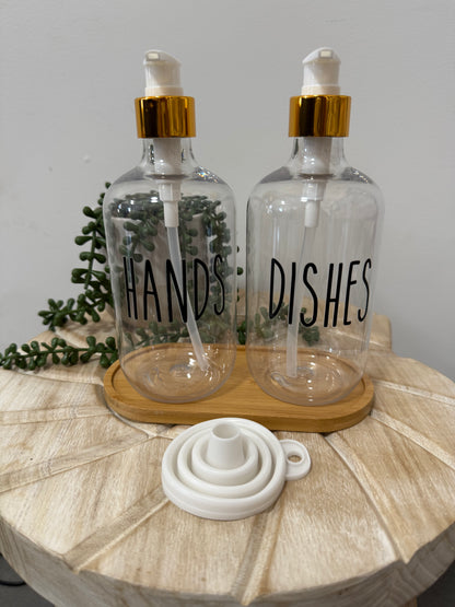 Dispenser Bottles with wooden tray + Funnel