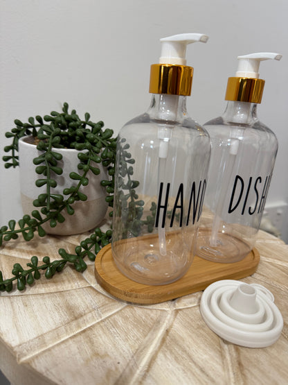Dispenser Bottles with wooden tray + Funnel